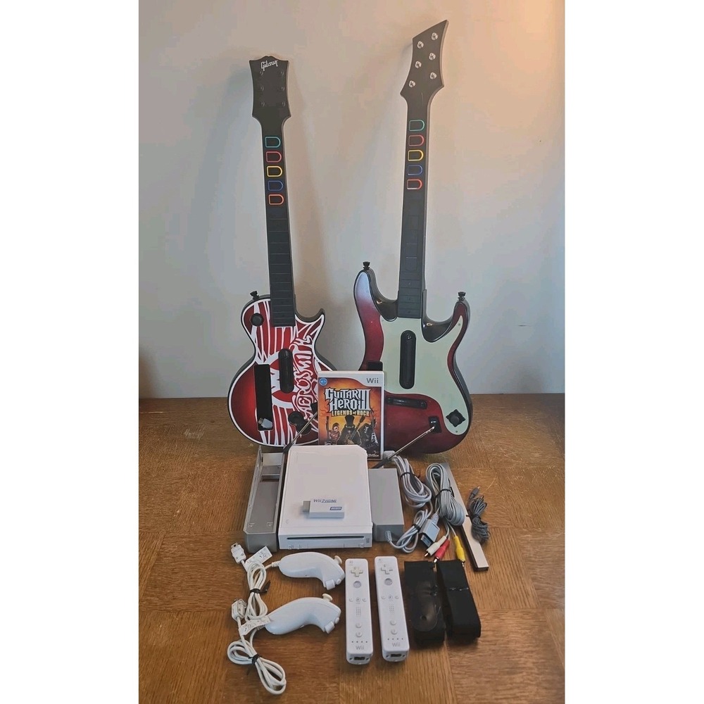 Nintendo Wii Guitar Hero Bundle w/ WiiMotes, Game, Console & 2 Guitars - TESTED